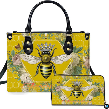 Queen honeybee honeycomb handbag and matching wallet set on white backdrop