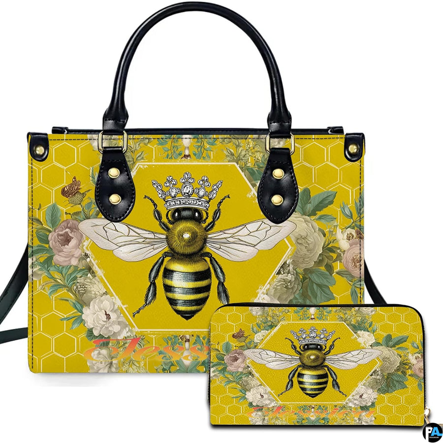 Queen honeybee honeycomb handbag and matching wallet set on white backdrop