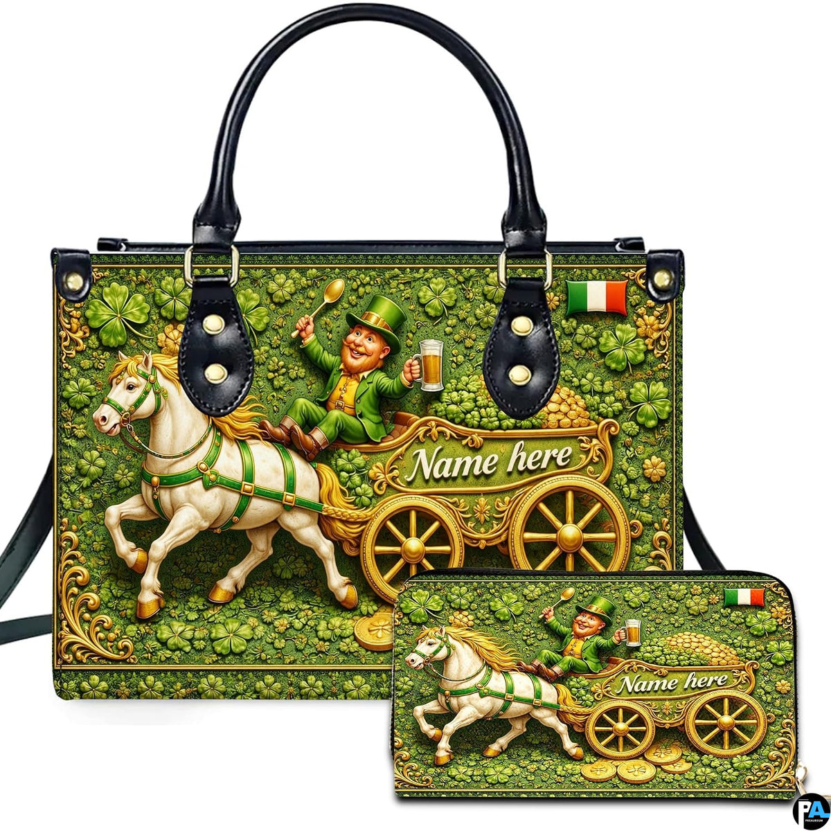 Leprechaun handbag and matching wallet with horse cart and shamrocks