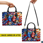 Three-quarter angle view of patriotic floral handbag set