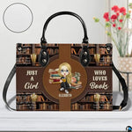 Front view of library bookshelf handbag displayed on tabletop near floral decor.