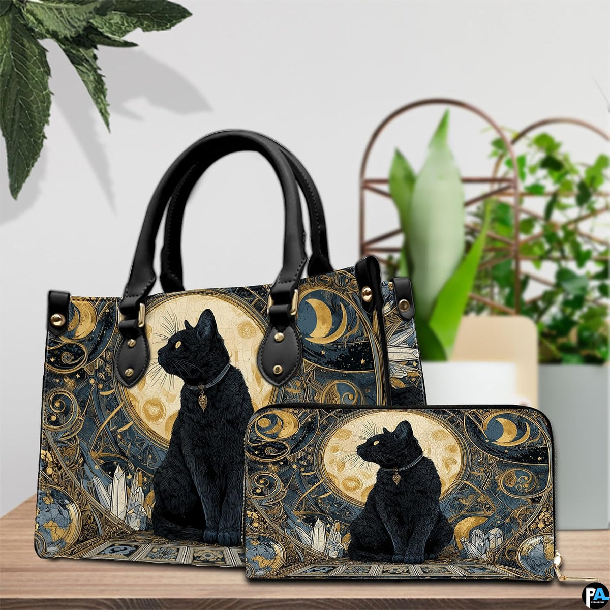 Art nouveau cat art showcased resting beside indoor botanical house plants.