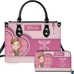 Chibi nurse handbag with heart frame and caduceus emblem shown beside matching wallet on white background.