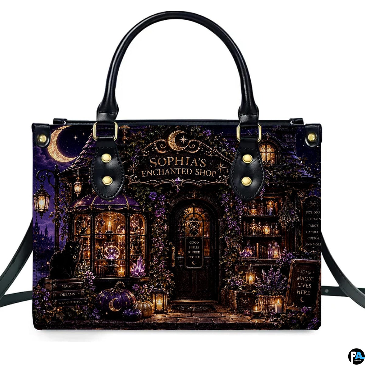 Gothic witch apothecary cottage handbag displayed alone on white background.