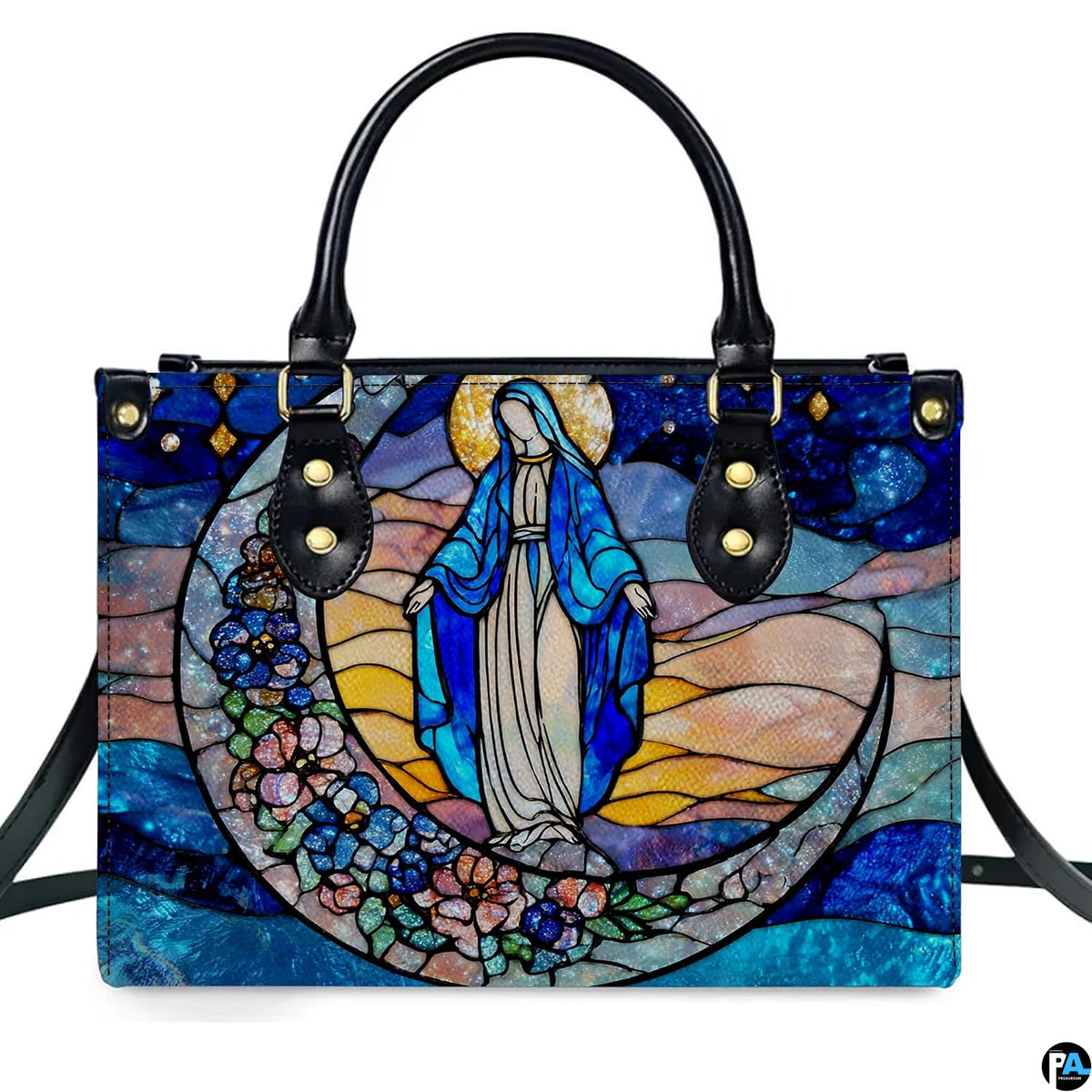 Stained glass art of the Virgin Mary on a floral crescent moon against a starry sky printed on a structured handbag.