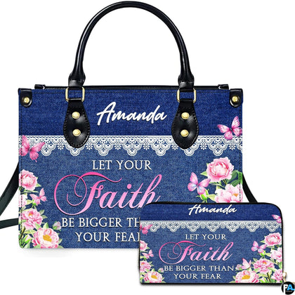 Denim and lace floral peony handbag and matching wallet set on white backdrop