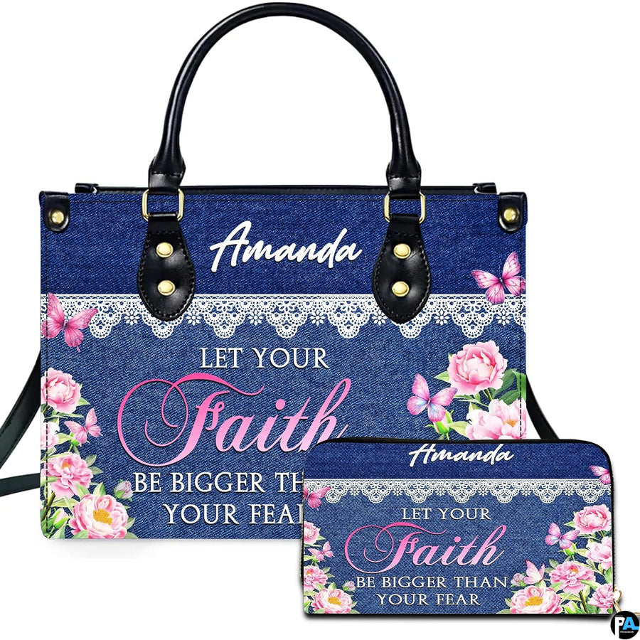 Denim and lace floral peony handbag and matching wallet set on white backdrop