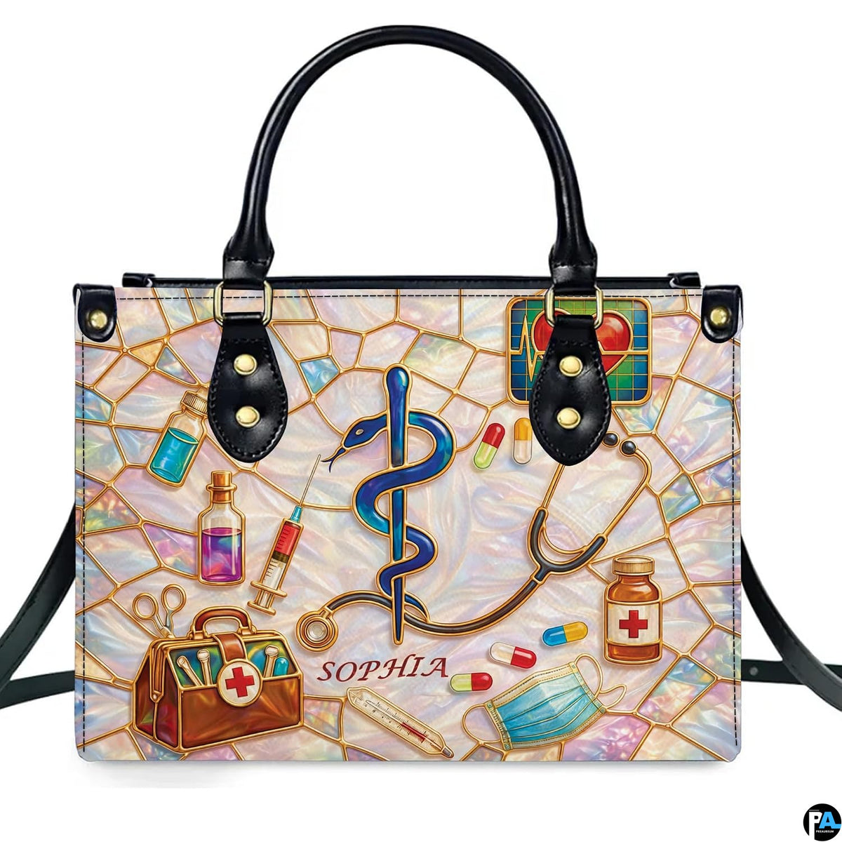 Rod of Asclepius, stethoscope, and medical instruments on stained glass mosaic on structured handbag.