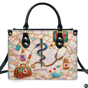 Rod of Asclepius, stethoscope, and medical instruments on stained glass mosaic on structured handbag.