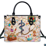 Rod of Asclepius, stethoscope, and medical instruments on stained glass mosaic on structured handbag.