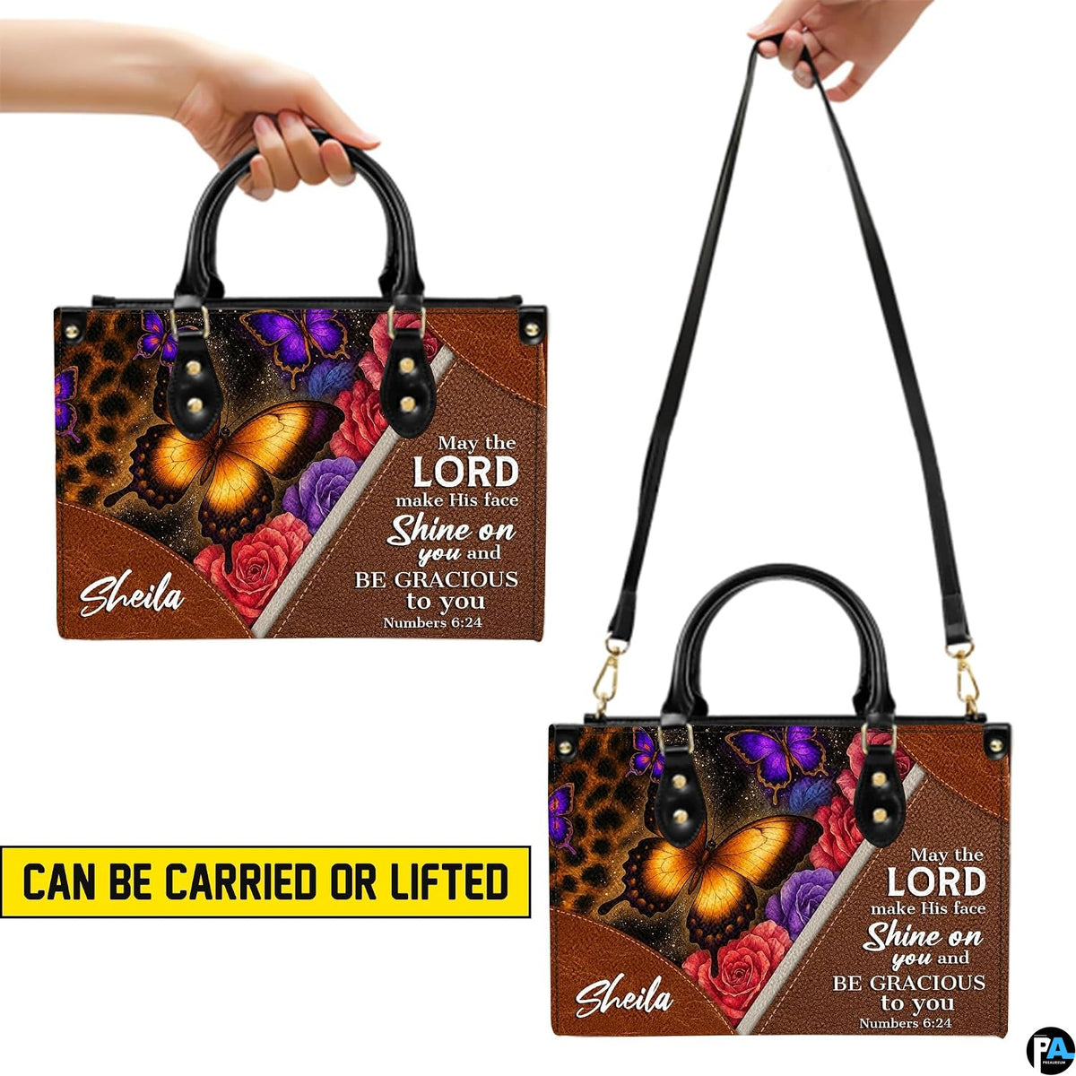 Top angle view showing black carrying handles and main zippered opening of leopard butterfly purse.