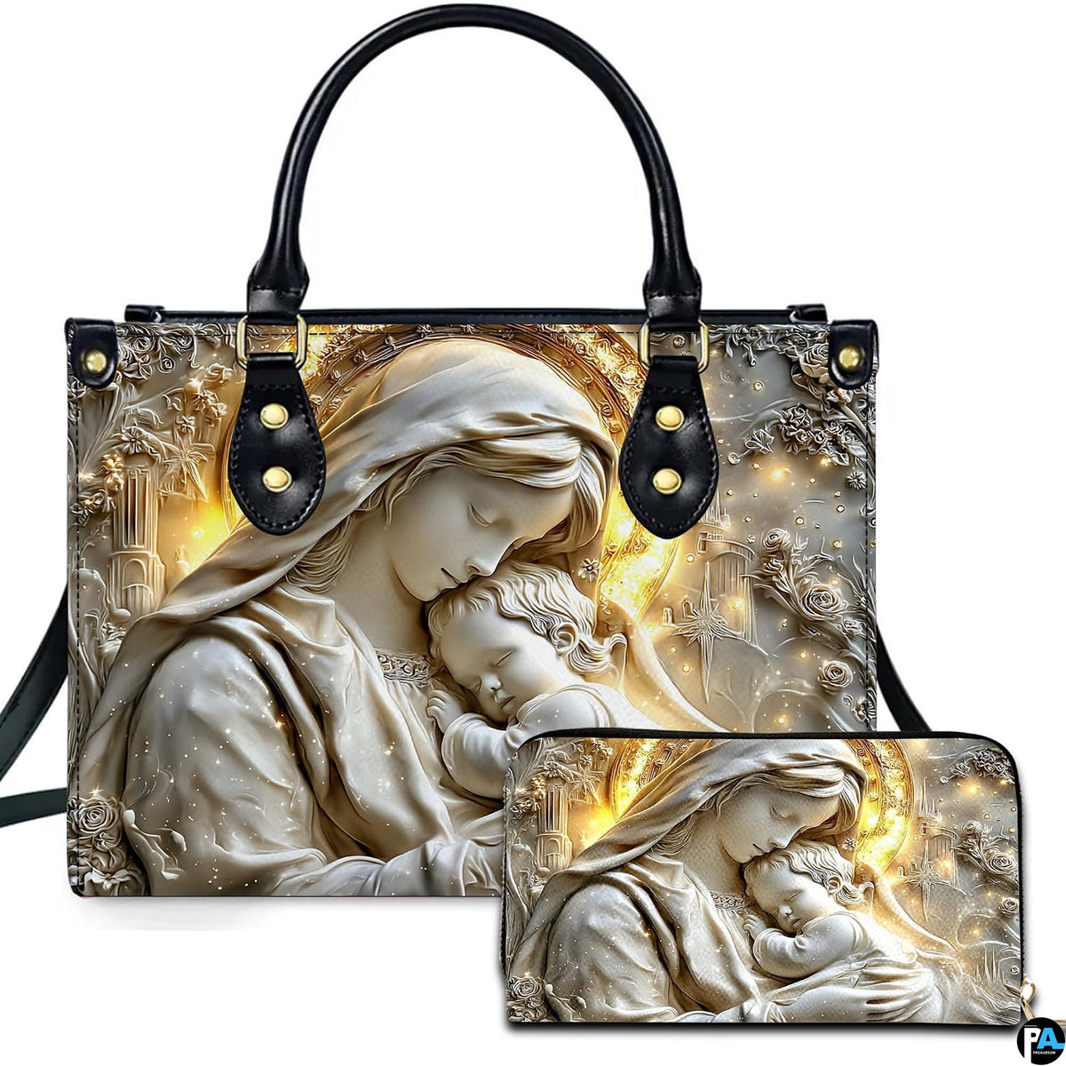 Sculpted marble relief of Madonna embracing infant Jesus with golden halo on handbag and matching wallet.