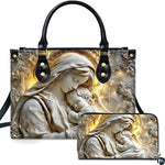 Sculpted marble relief of Madonna embracing infant Jesus with golden halo on handbag and matching wallet.