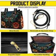 Top view of dragonfly handbag showing zippered top closure and dual structured handles