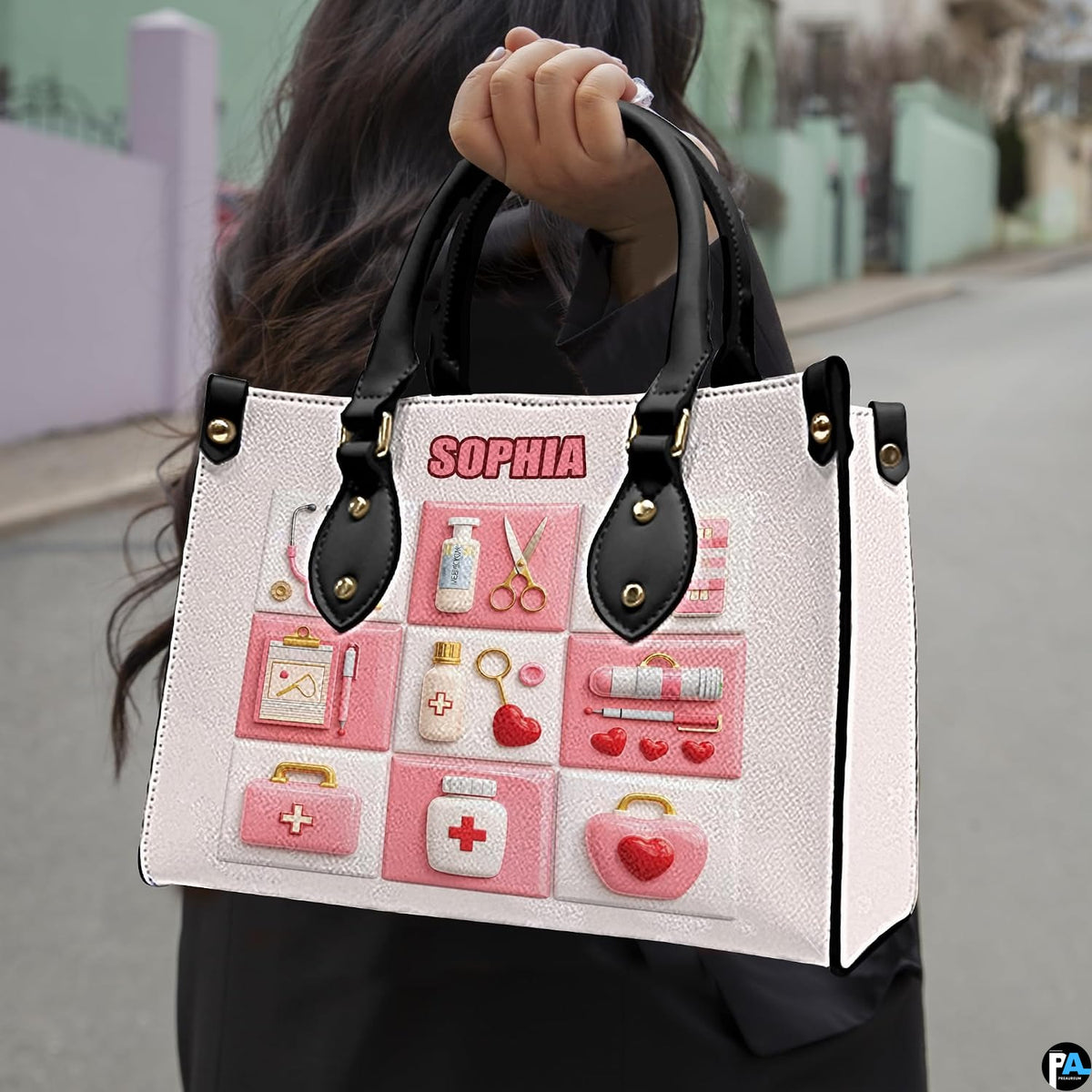 Angled view displaying the isometric medical grid artwork printed across the structured handbag.