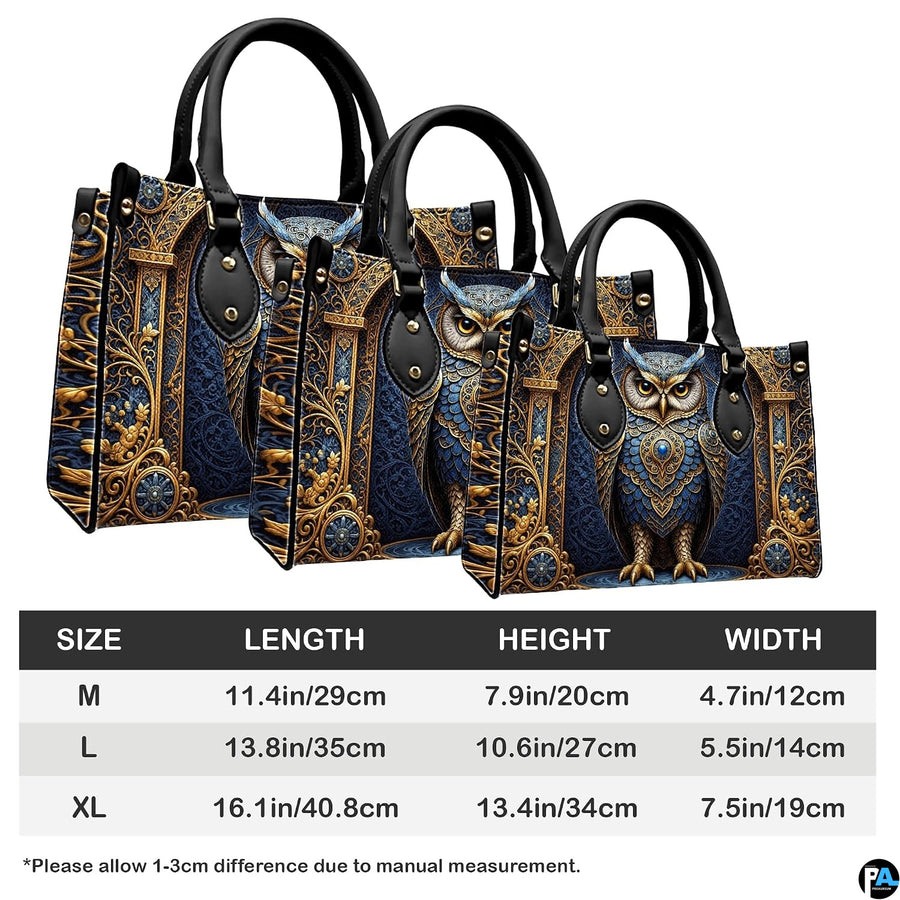 Bottom view of baroque owl handbag showing protective metal feet studs and smooth base wrap