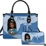 Registered nurse rn artwork showcasing a cartoon nurse character and caduceus emblem on companion items.
