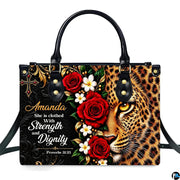 Christian scripture leopard rose handbag displayed alone on white background.