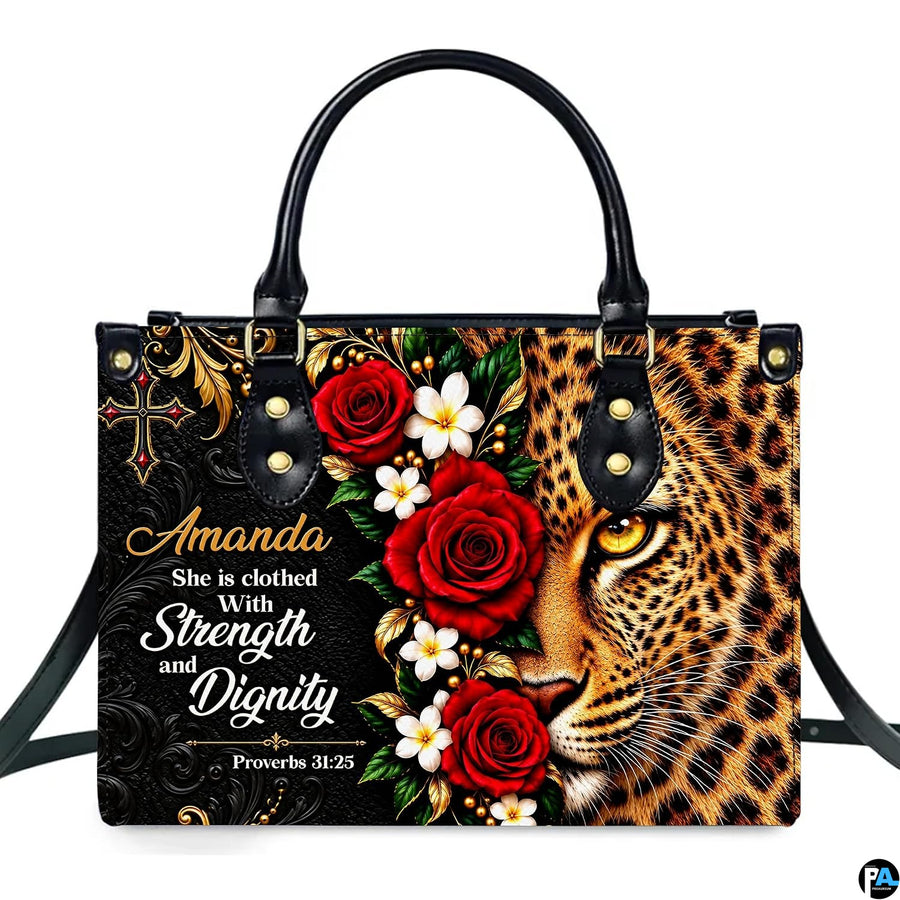 Christian scripture leopard rose handbag displayed alone on white background.