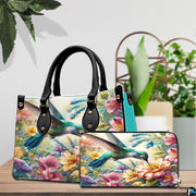 Side profile view of hummingbird garden handbag displaying structured silhouette and clean depth.
