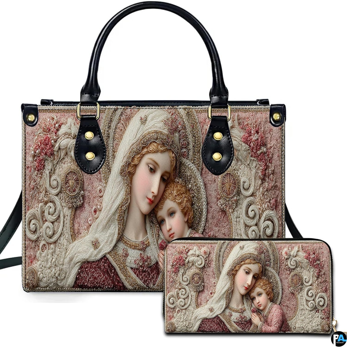 Front view of Madonna and Child handbag and matching zippered wallet with tapestry floral frame.