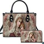 Front view of Madonna and Child handbag and matching zippered wallet with tapestry floral frame.