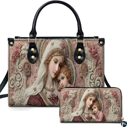 Front view of Madonna and Child handbag and matching zippered wallet with tapestry floral frame.