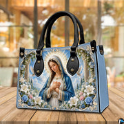 Top view of white doves Madonna handbag displaying top zipper opening and carry handles