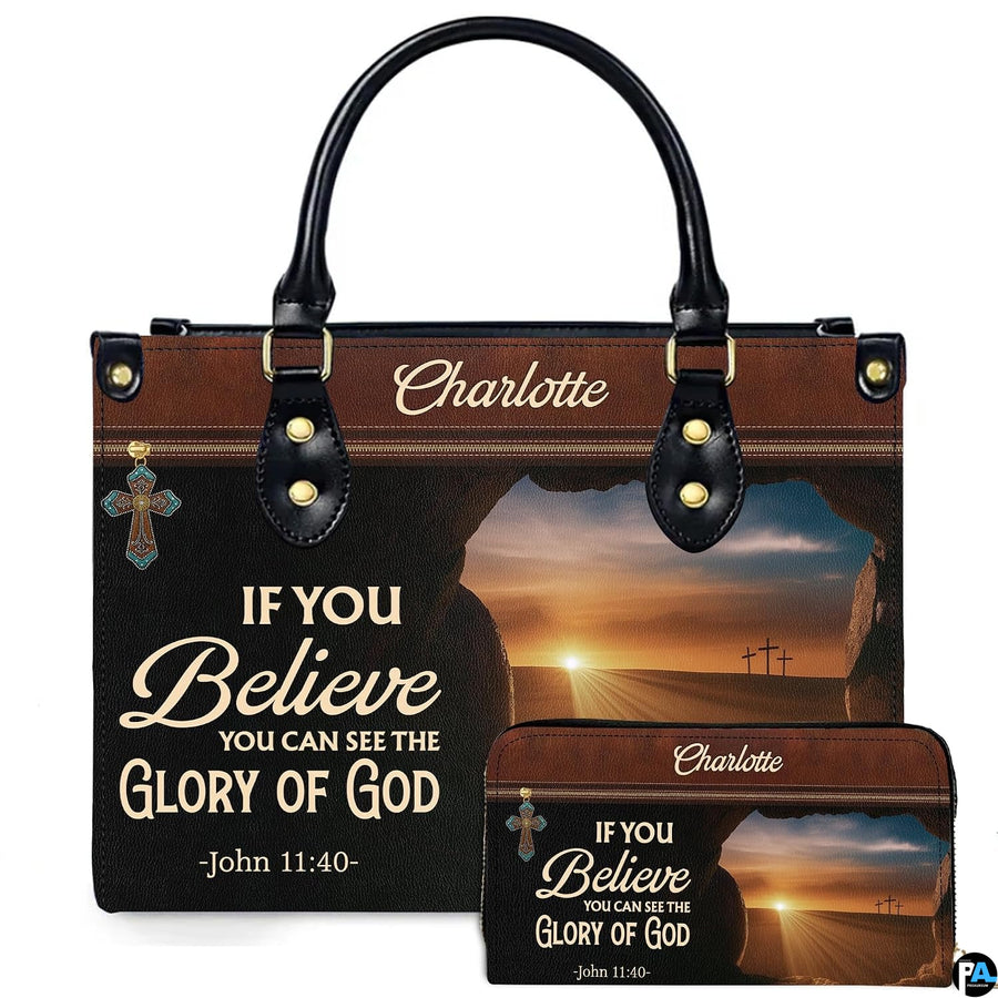 Front view of Easter resurrection sunrise handbag and matching wallet with open tomb view and three crosses.