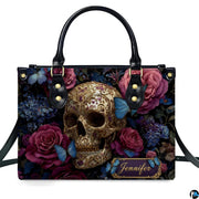 Gothic filigree skull rose handbag displayed alone on white studio background.
