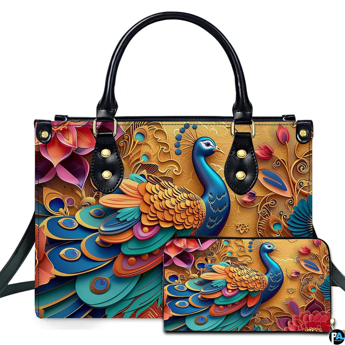 Peacock hand bag with blue bird, layered feathers and matching wallet