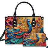 Peacock Hand Bag with Layered Floral Artwork