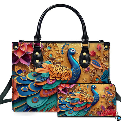 Peacock hand bag with blue bird, layered feathers and matching wallet