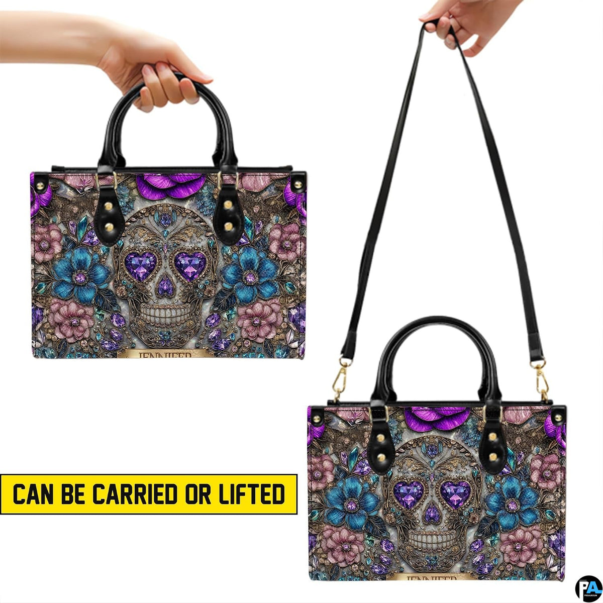 Jeweled skull handbag carrying demonstration showing top handle and shoulder strap carry.