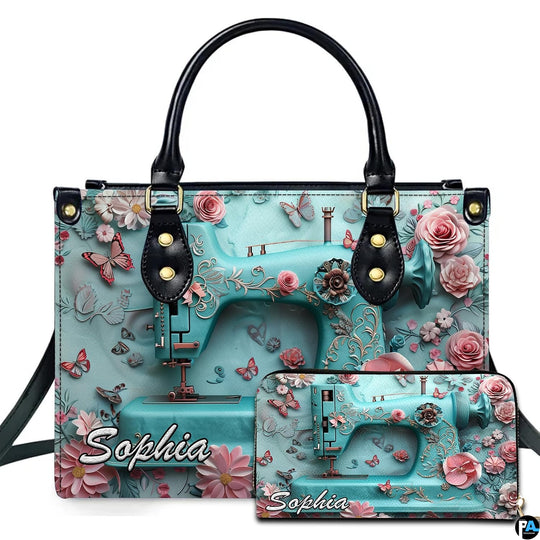 Turquoise sewing machine artwork presented beside matching companion accessory on neutral surface.