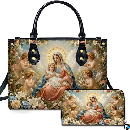 Front view of Renaissance Madonna and cherubs handbag and matching wallet set with garden lilies