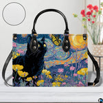 Straight-on studio view of black cat van gogh starry night art showcasing surface texture.