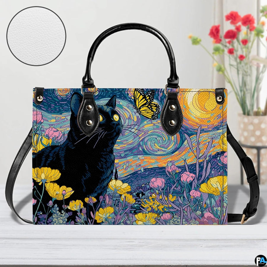 Straight-on studio view of black cat van gogh starry night art showcasing surface texture.