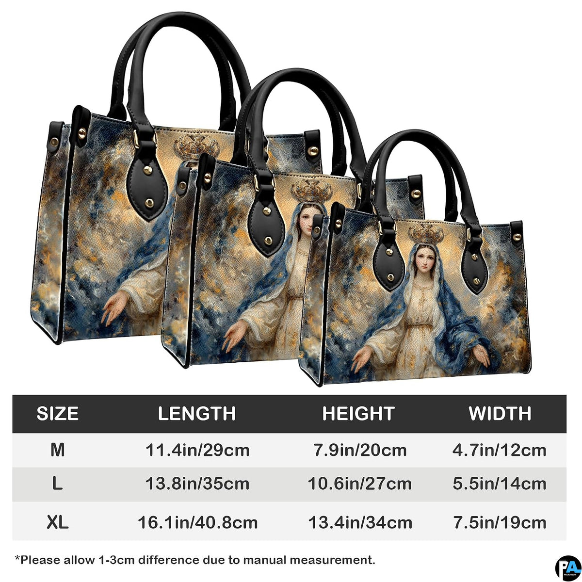 Handbag sizing diagram illustrating Medium, Large, and Extra Large dimensions