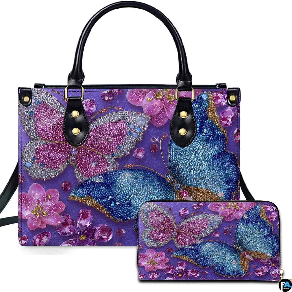 Jeweled crystal butterfly handbag and matching wallet set on white backdrop