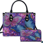 Jeweled crystal butterfly handbag and matching wallet set on white backdrop