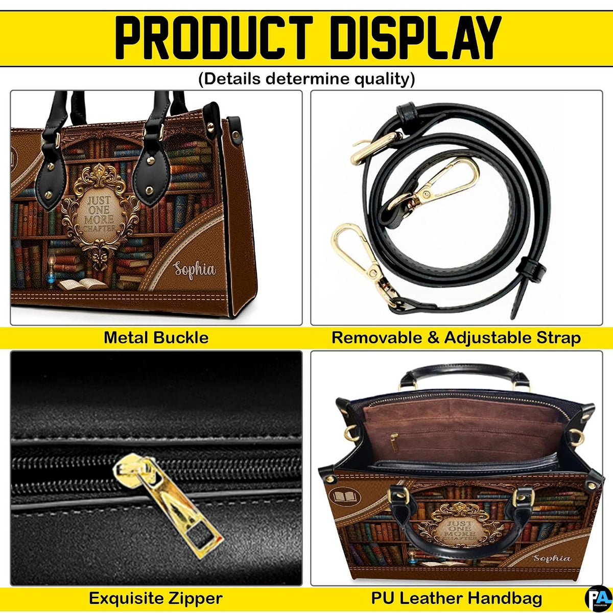 Four-panel showcase illustrating design details, hardware, and interior layout.