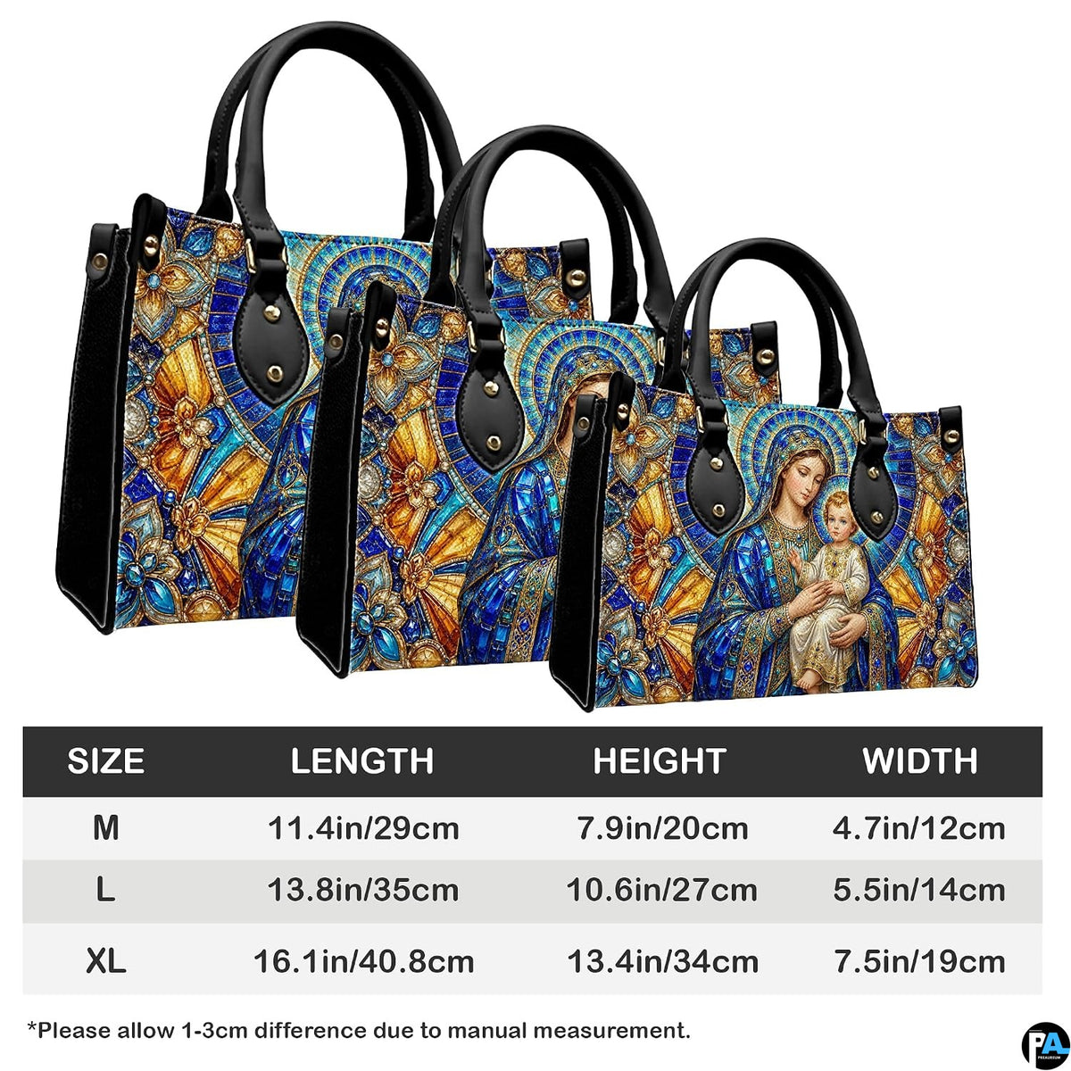 Size reference chart showing medium, large, and extra-large handbag dimensions