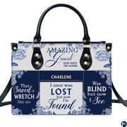 Close-up detail of blue floral damask toile pattern and serif hymn lettering