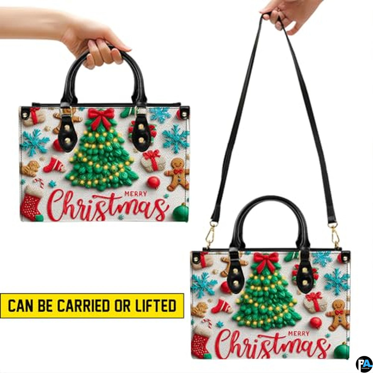Personalized Christmas Tree Gingerbread Scene Handbag for Holiday Gift