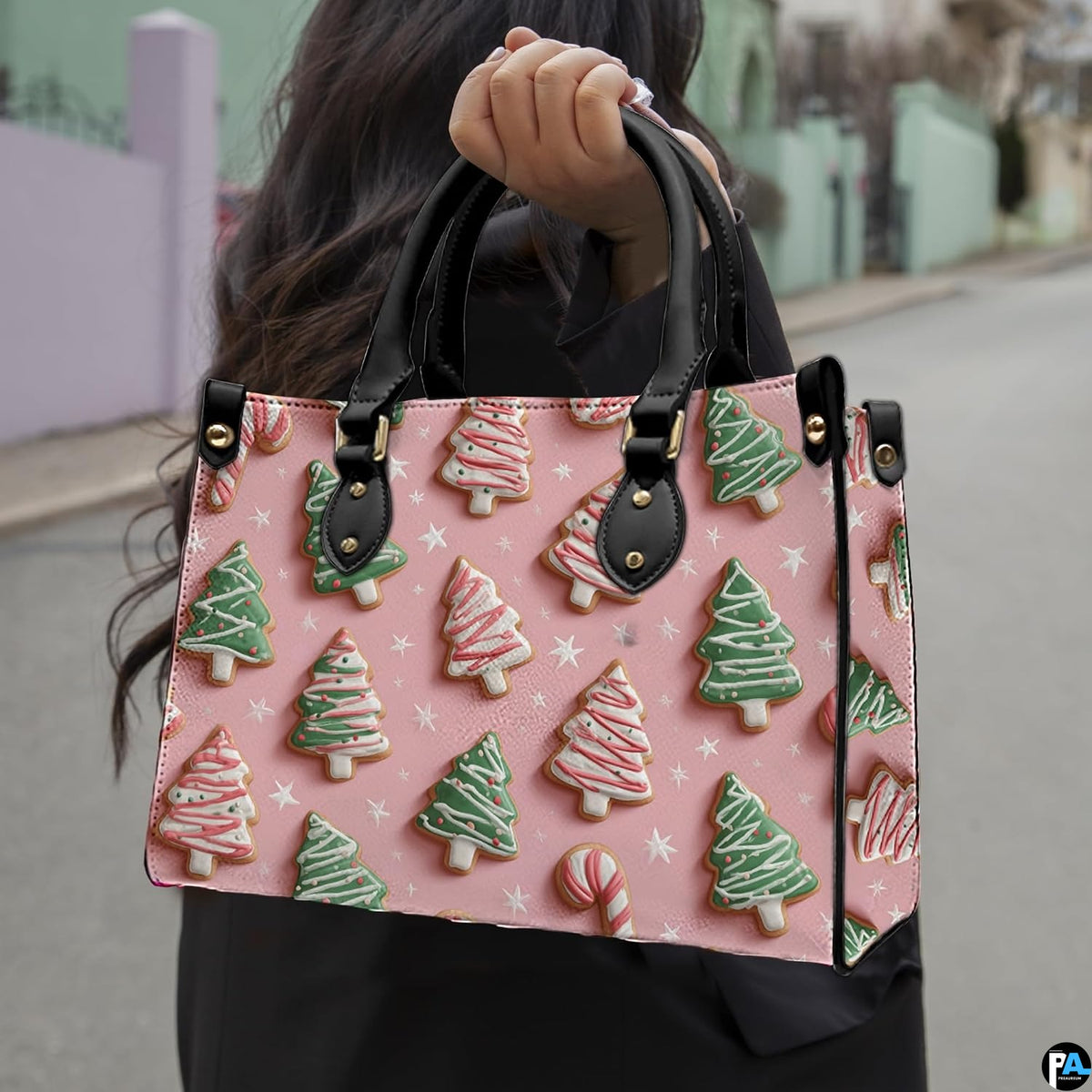 Outdoor handheld perspective showing the cheerful holiday baked cookie and candy cane graphic pattern