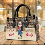 Three-quarter perspective angle of the reading girl handbag on a rustic wooden surface.