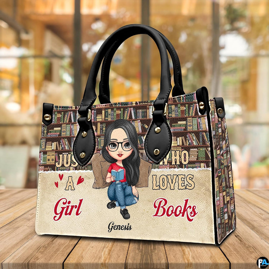 Three-quarter perspective angle of the reading girl handbag on a rustic wooden surface.