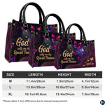 Dimensions diagram displaying size measurements for galaxy butterfly handbag and matching wallet.