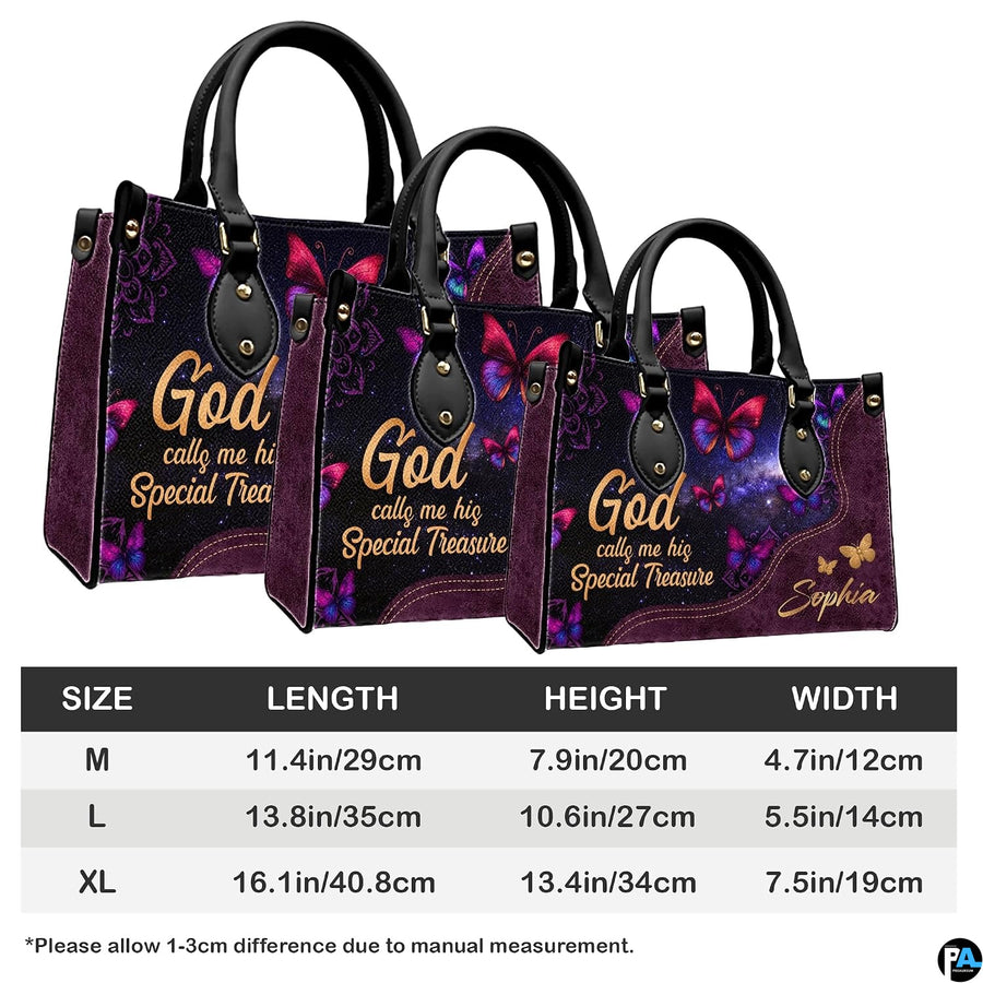 Dimensions diagram displaying size measurements for galaxy butterfly handbag and matching wallet.